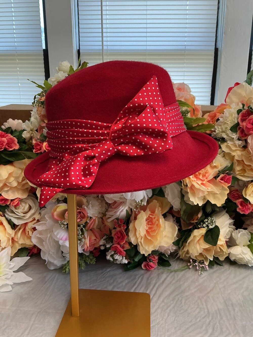 Red 100% Wool Cloche Hat Polka Dot Bow Women's Vintage Style